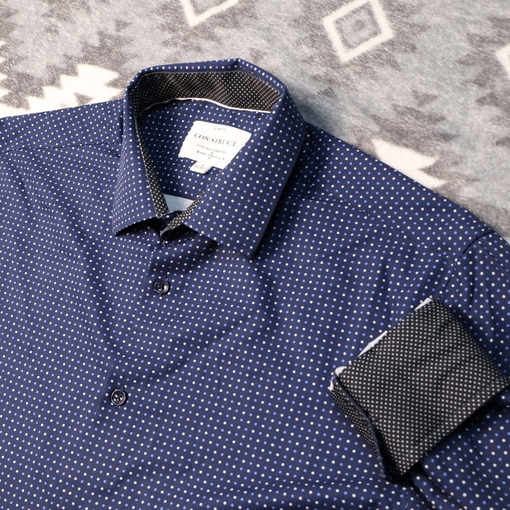 Con.Struct Mens Slim Fit Cooling Comfort 4-Way Stretch Polka Dot Shirt Navy L